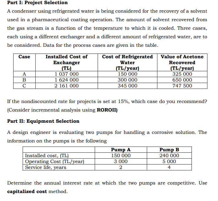 Part I: Project Selection A Condenser Using | Chegg.com