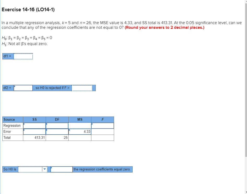 Solved Exercise 14-16 (L014-1) In a multiple regression | Chegg.com
