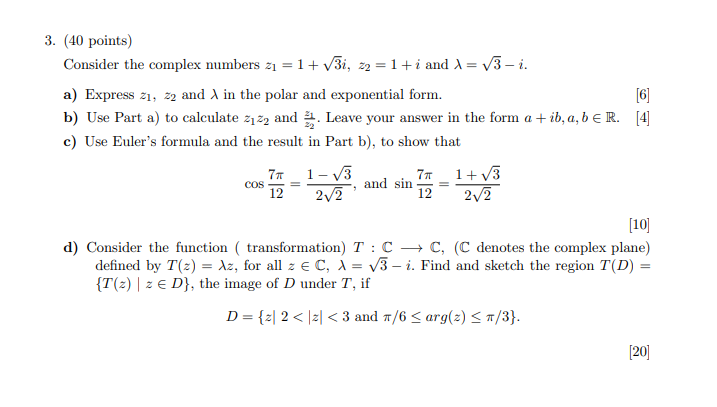 Solved 3 40 Points Consider The Complex Numbers Z1 1 Chegg Com