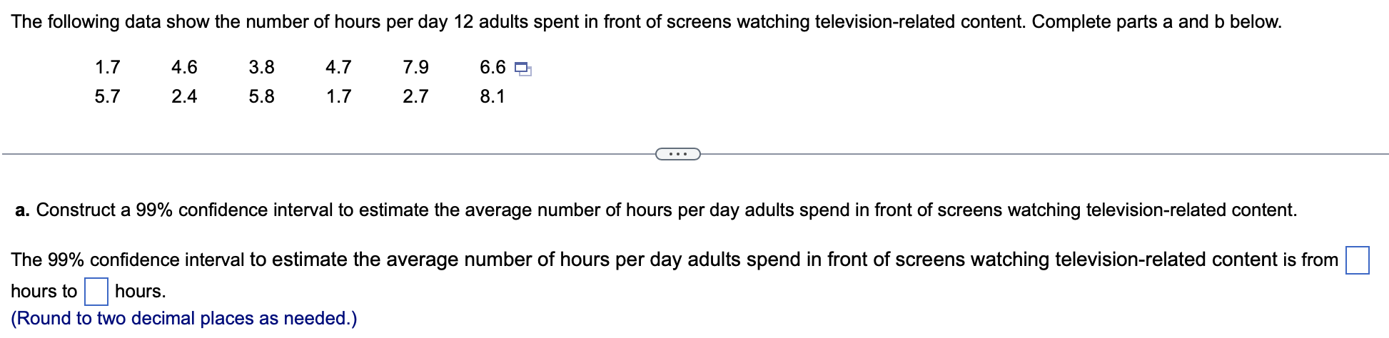 Solved The following data show the number of hours per day | Chegg.com