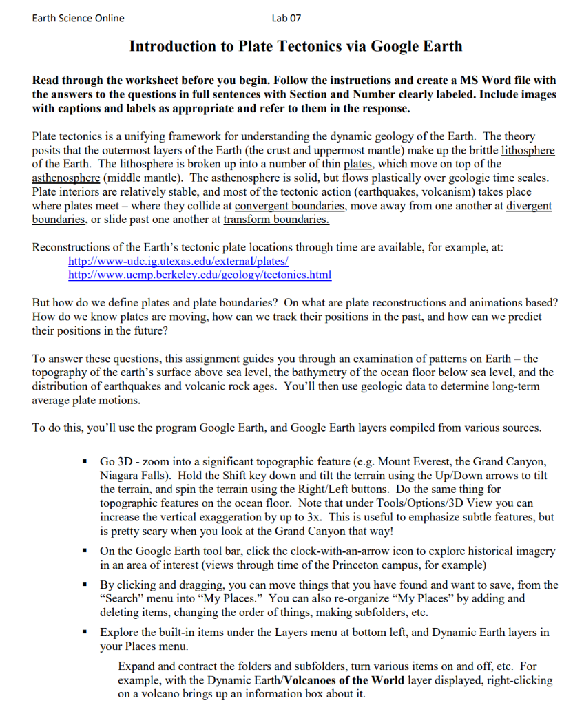 Earth Science Online Lab 07 Introduction to Plate