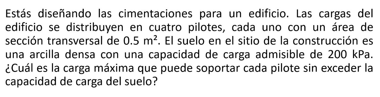 Estás diseñando las cimentaciones para un edificio. Las cargas del edificio se distribuyen en cuatro pilotes, cada uno con un