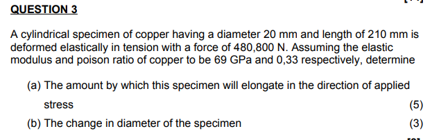 Solved QUESTION 3 A cylindrical specimen of copper having a | Chegg.com