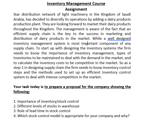 Solved Inventory Management Course Assignment Star | Chegg.com