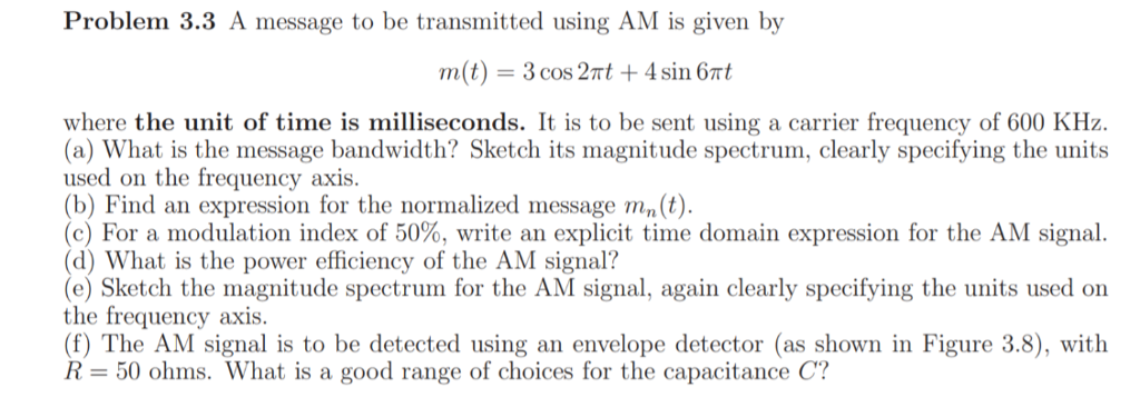 Solved Problem 3.3 A message to be transmitted using AM is | Chegg.com