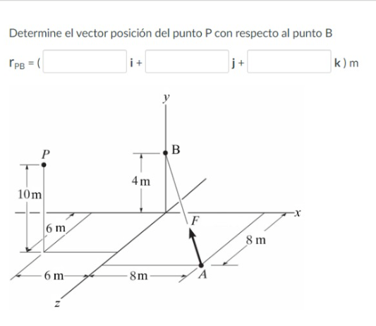 Determine el vector posición del punto \( \mathrm{P} \) con respecto al punto \( \mathrm{B} \) \( \mathrm{r}_{\mathrm{PB}}=(