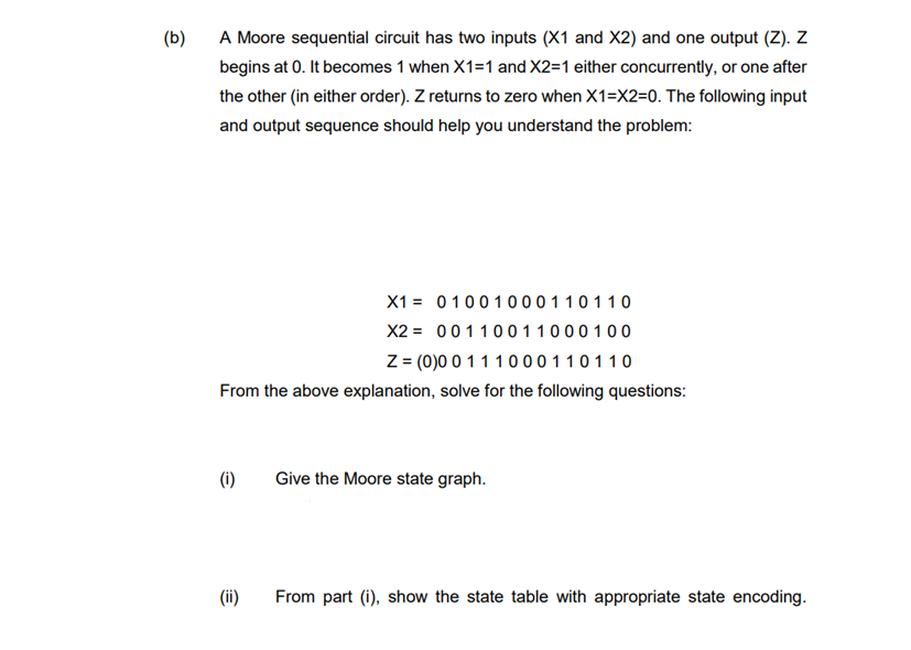 Solved (b) A Moore sequential circuit has two inputs (X1 and 