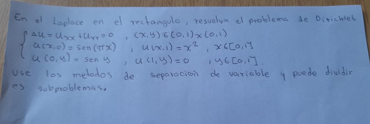 En el Laplace en el rectangulo, resuelva el problema de Dirichlet Use los metodos de separación de variable y puede dividir