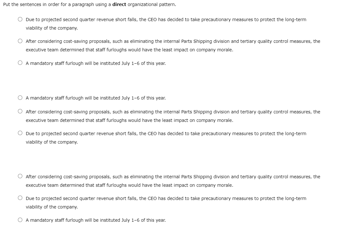 Solved Put the sentences in order for a paragraph using a | Chegg.com