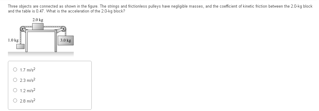 Three objects are connected as shown in the figure. The strings and frictionless pulleys have negligible masses, and the coef