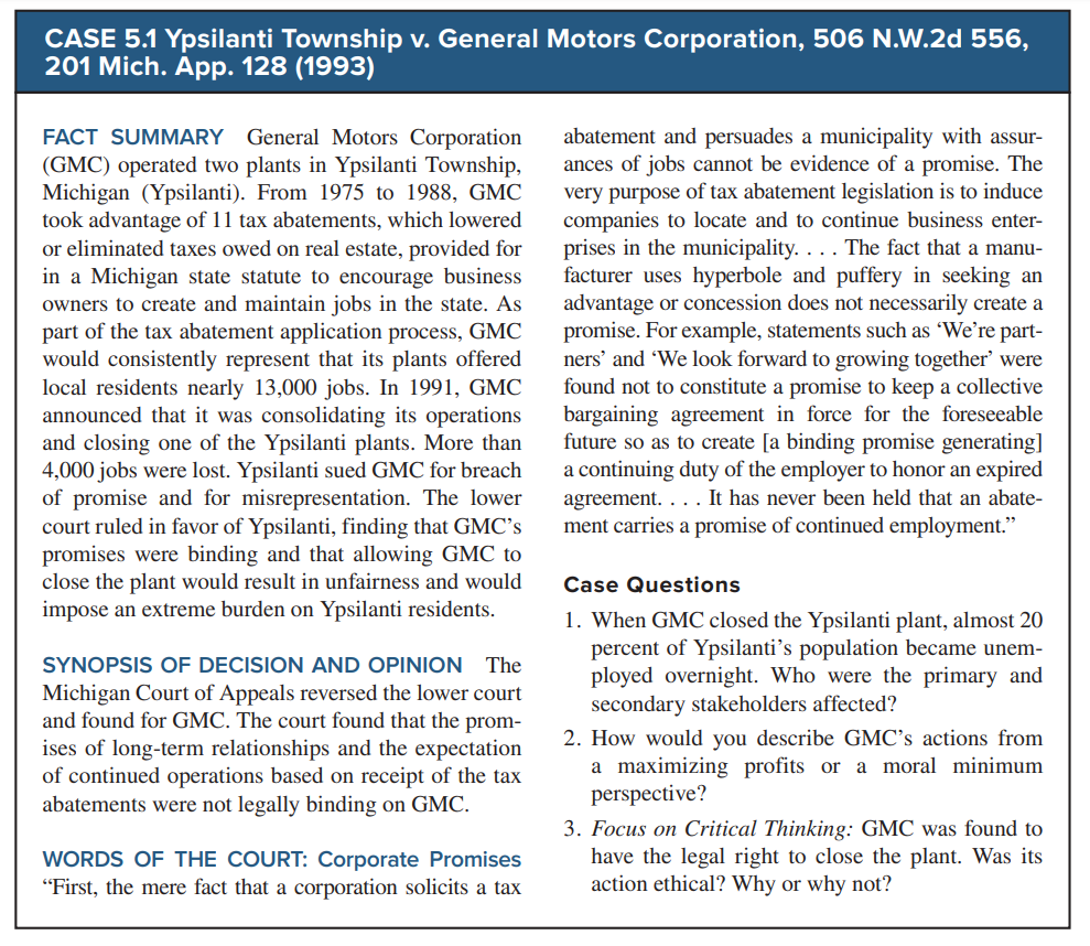 CASE 5.1 Ypsilanti Township v. General Motors