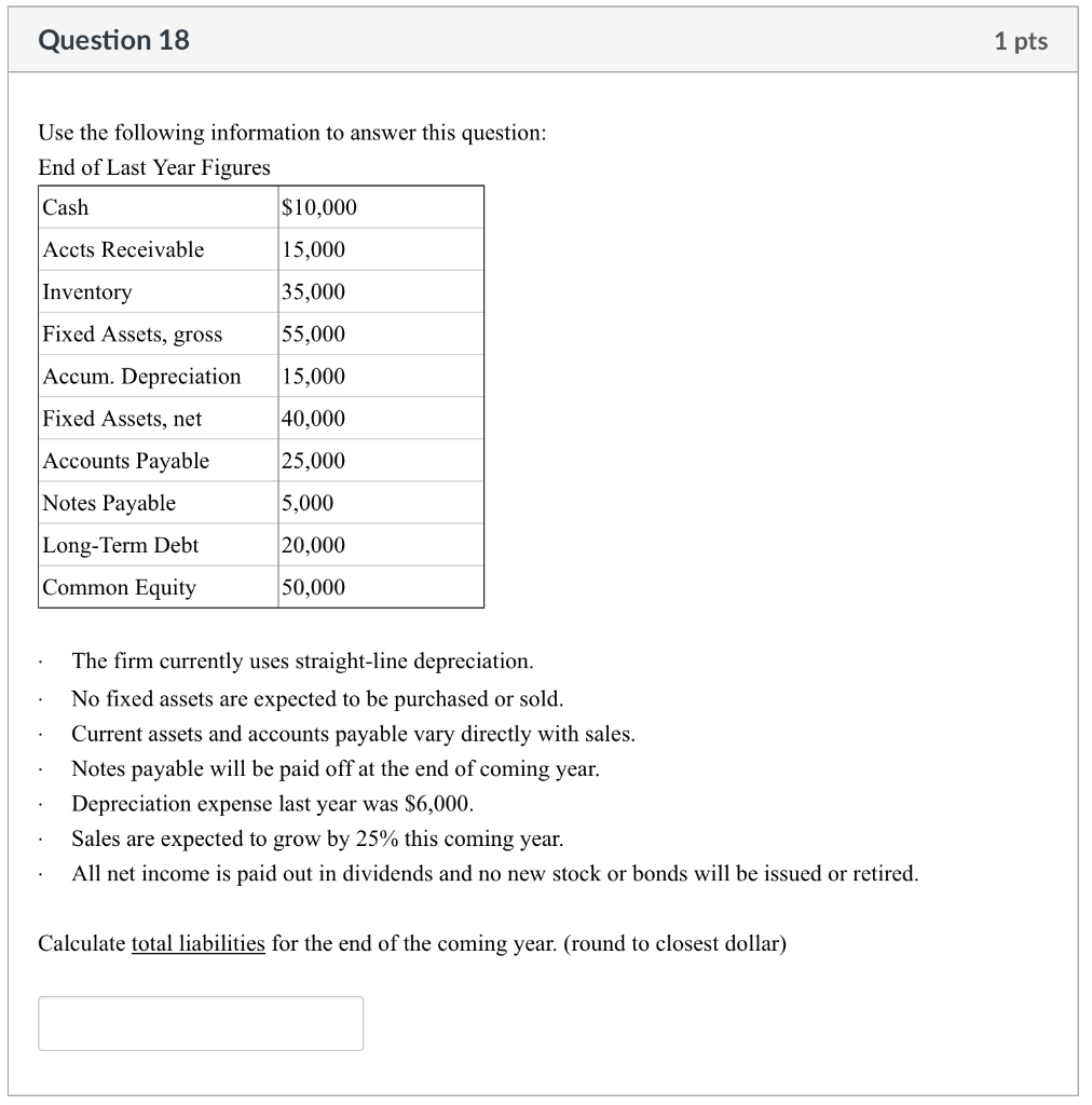 Solved Question 18 1 pts Use the following information to | Chegg.com