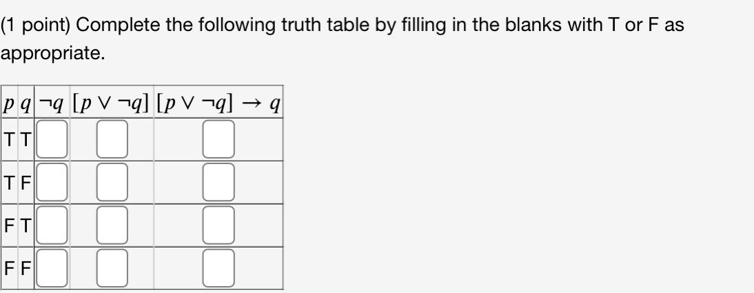 Solved (1 point) Complete the following truth table by | Chegg.com