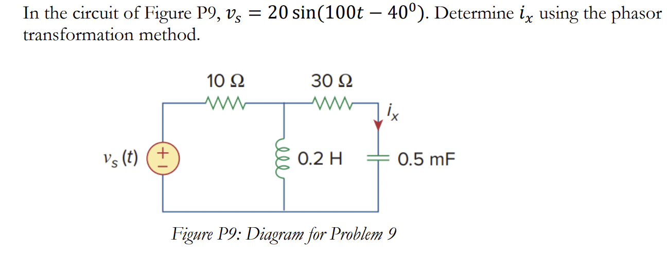 Solved In the circuit of Figure P9, vs=20sin(100t−40∘). | Chegg.com
