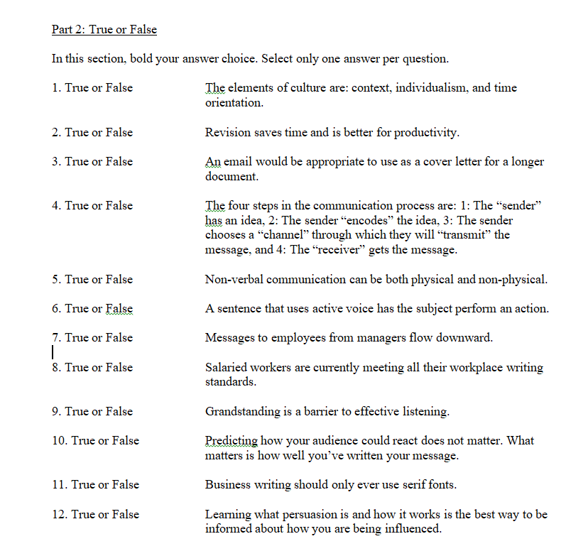 Solved Part 2: True or False In this section, bold your | Chegg.com