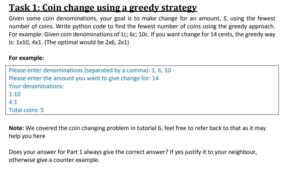 Solved Task 1 Coin change using a greedy strategy Given