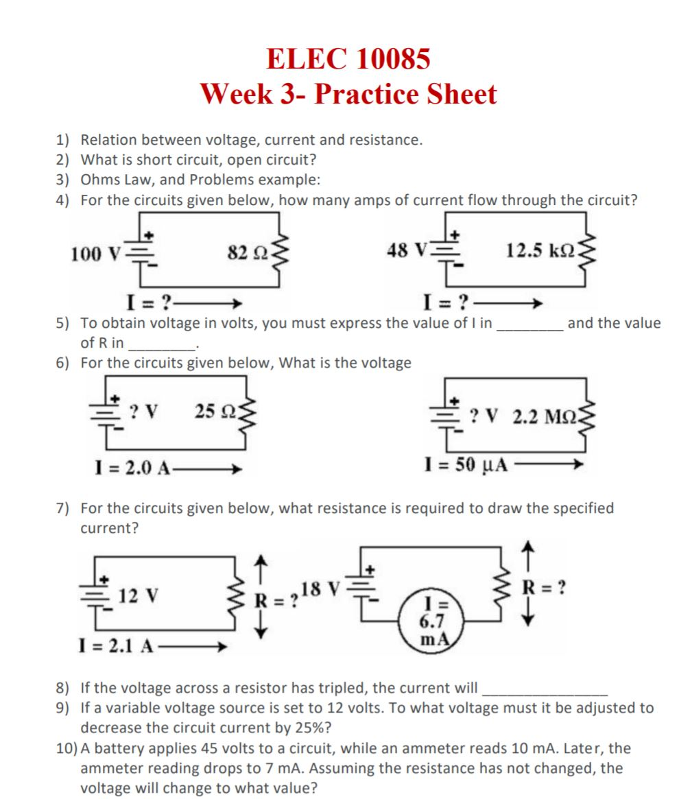 Solved ELEC 10085 Week 3 Practice Sheet 1) Relation between