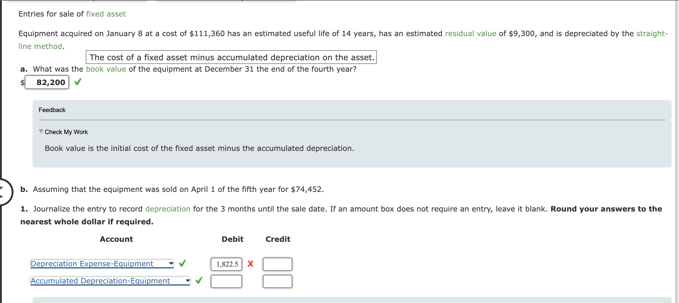 Solved Entries for sale of fixed asset Equipment acquired on
