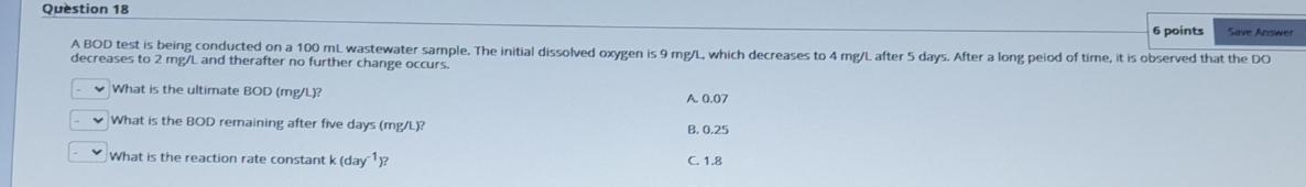 Solved Question 18 6 points A BOD test is being conducted on | Chegg.com