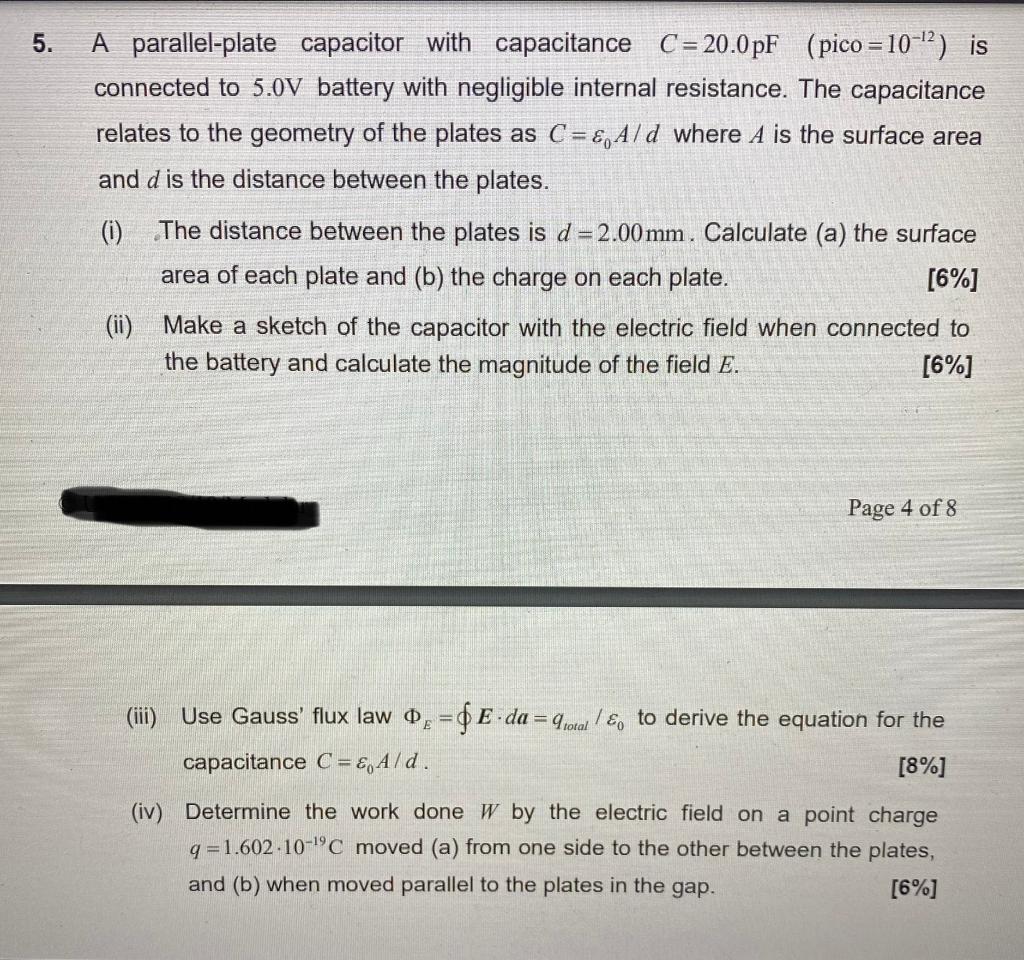 Solved 5. A parallel-plate capacitor with capacitance | Chegg.com