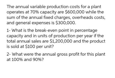 Solved The annual variable production costs for a plant | Chegg.com