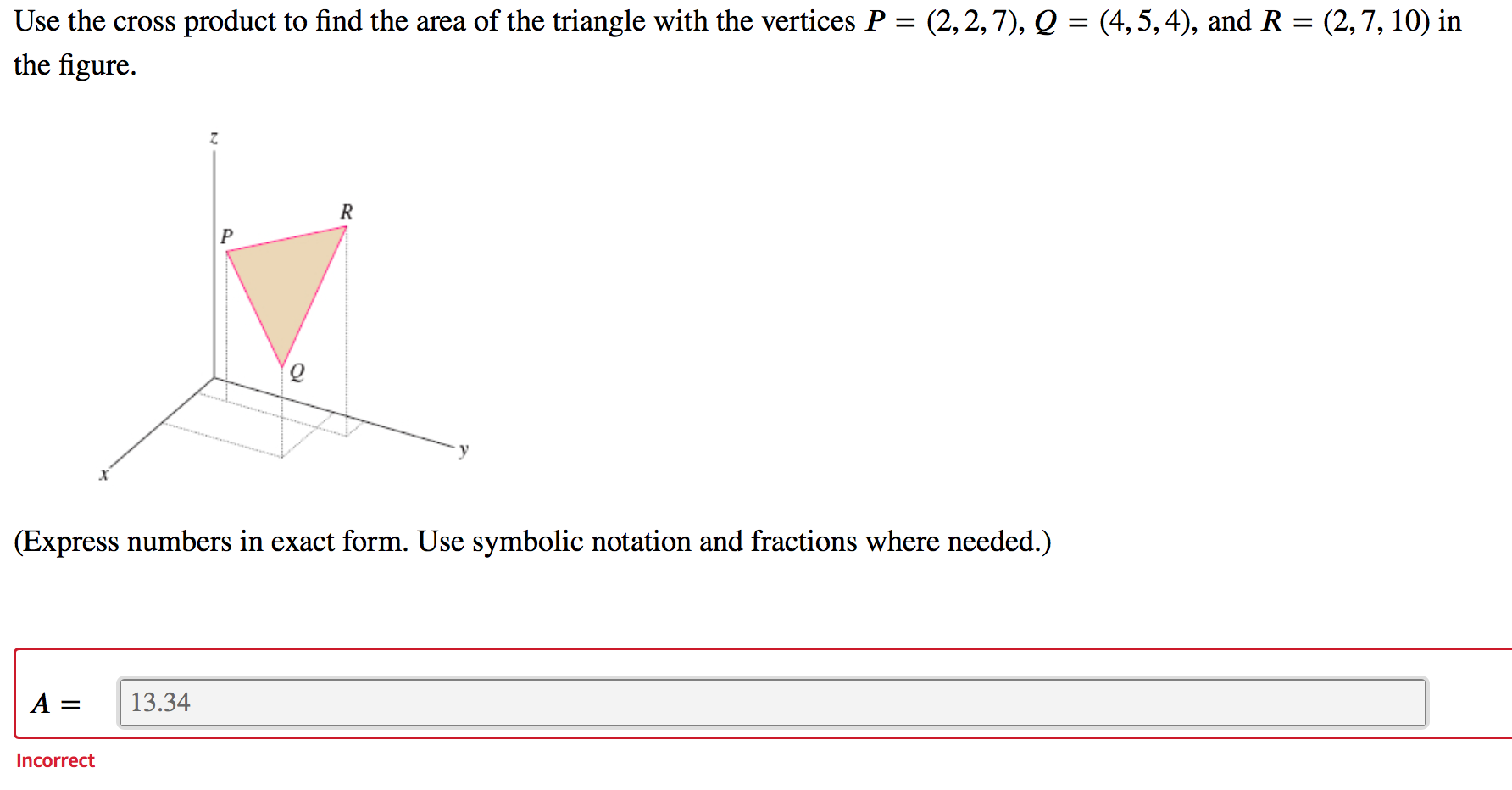 Solved Use the cross product to find the area of the | Chegg.com