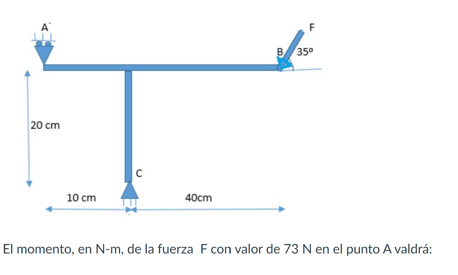 El momento, en \( \mathrm{N}-\mathrm{m} \), de la fuerza \( \mathrm{F} \) con valor de \( 73 \mathrm{~N} \) en el punto \( A