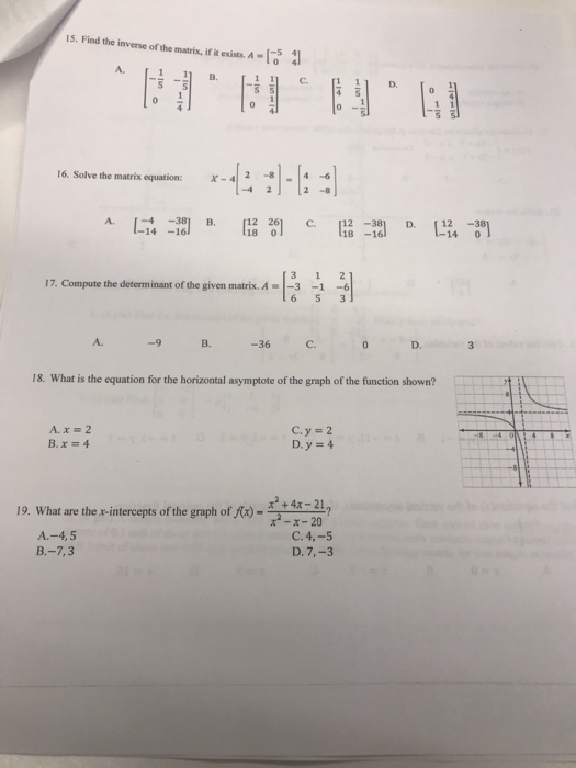 Solved 15. Find the inverse of the matrix, if it exists. A | Chegg.com