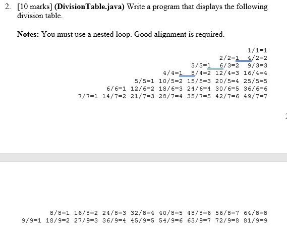 Solved 2. [10 marks] (Division Table.java) Write a program | Chegg.com