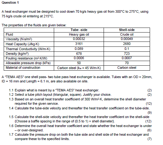 Question 1 A heat exchanger must be designed to cool | Chegg.com