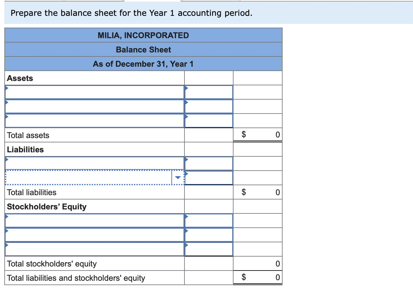 Prepare the balance sheet for the Year 1 accounting period.