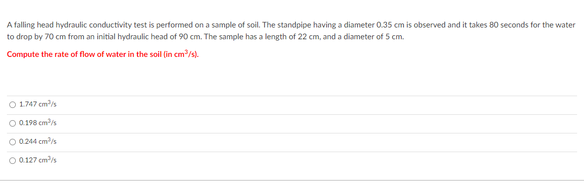 Solved A falling head hydraulic conductivity test is | Chegg.com