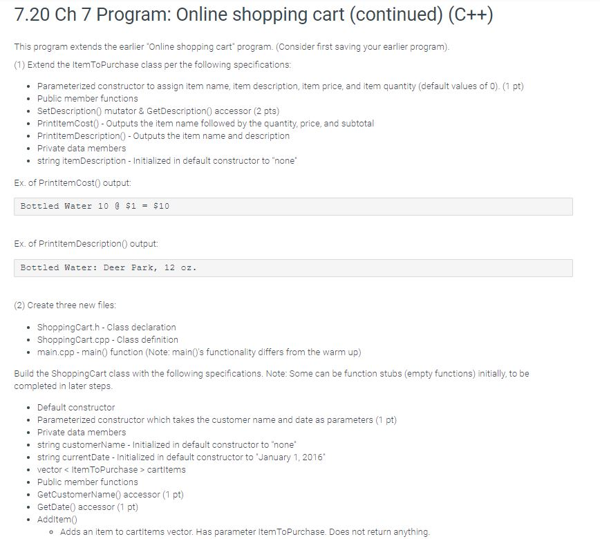 7.20 Ch 7 Program: Online shopping cart (continued) | Chegg.com