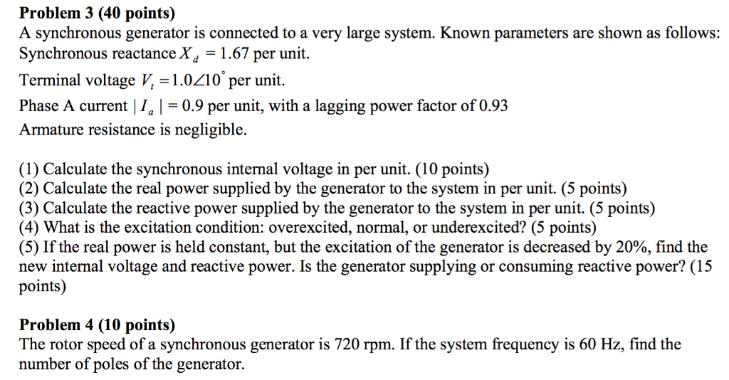 Solved Problem 3 (40 points) A synchronous generator is | Chegg.com