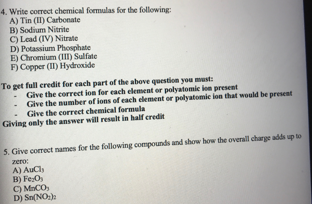 Solved 4. Write correct chemical formulas for the following