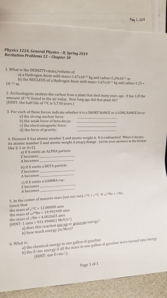 Solved ay 2.1019 Physics 1224, General Physics -II, Spring | Chegg.com