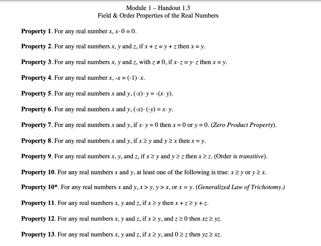 Solved Field & Order Axioms of the Real Numbers (A.k.a.  Chegg.com Within Properties Of Real Numbers Worksheet