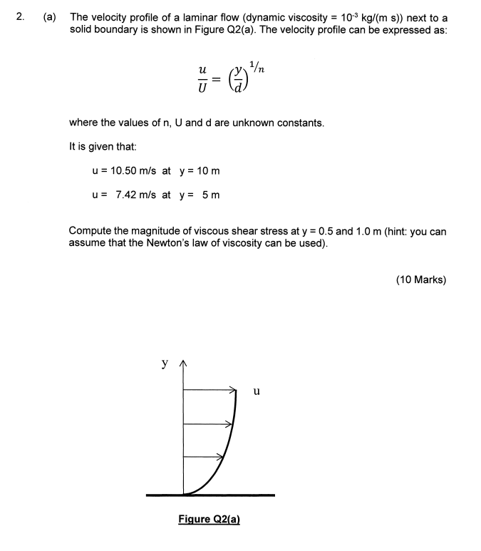 Solved 2. . (a) The Velocity Profile Of A Laminar Flow | Chegg.com