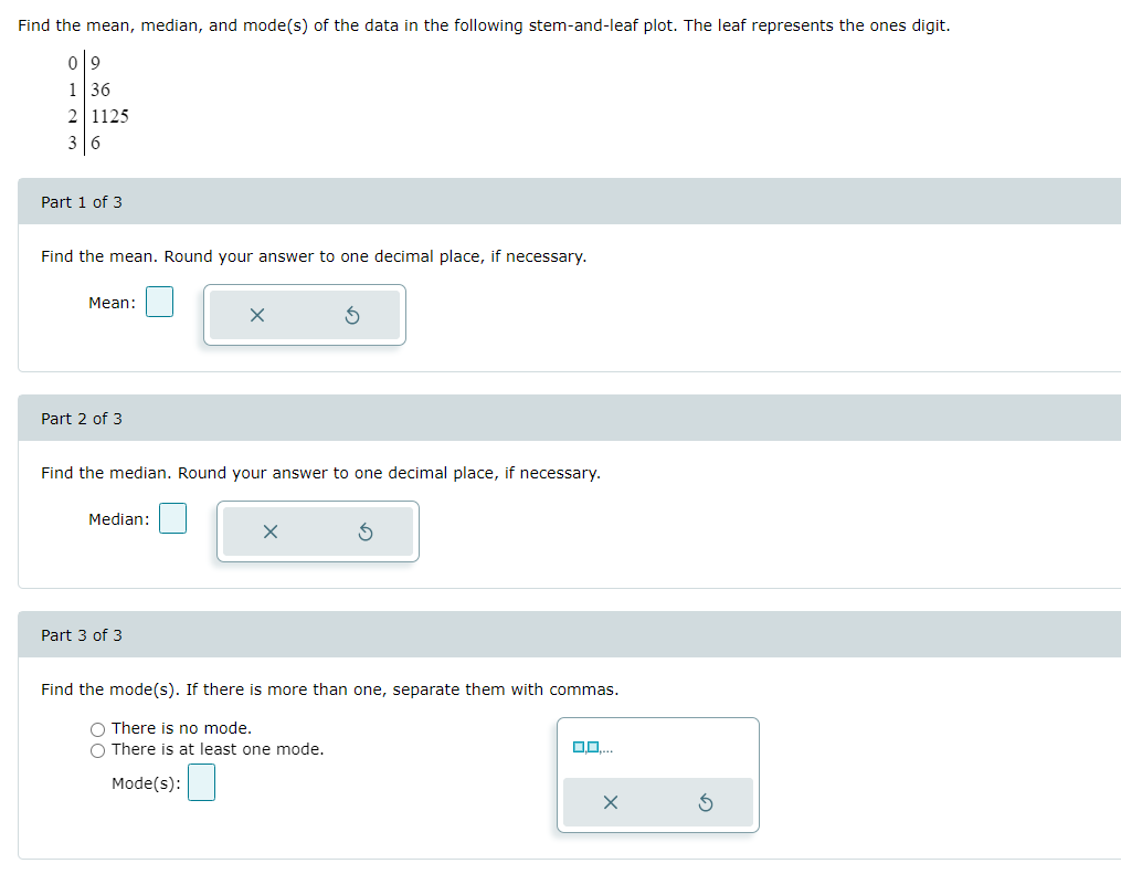 Solved Find the mean, median, and mode(s) of the data in the | Chegg.com