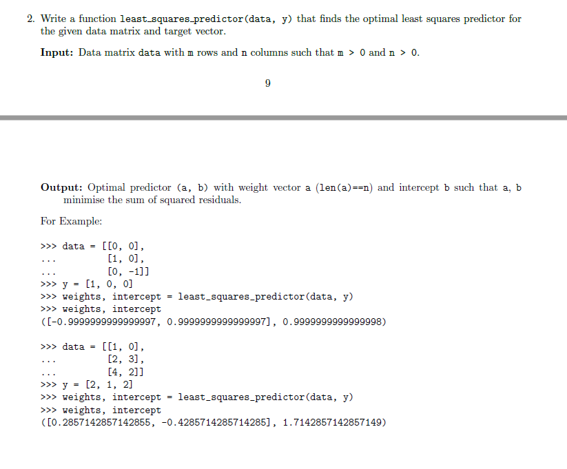 2. Write a function least squares predictor(data, y) | Chegg.com