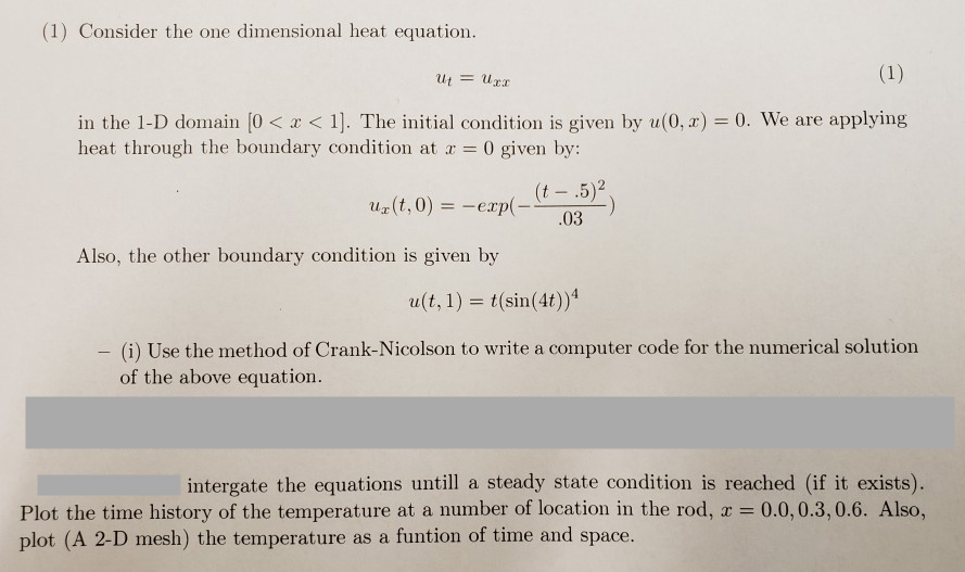 (1) Consider the one dimensional heat equation. in | Chegg.com