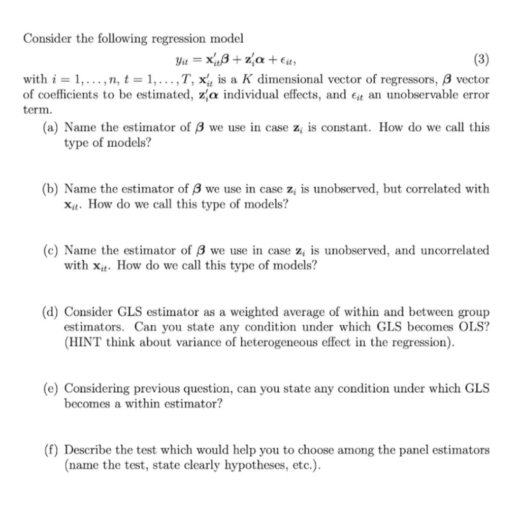 Consider The Following Regression Model Yit X L Chegg Com