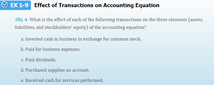 Solved EX 1-9 Effect of Transactions on Accounting Equation | Chegg.com