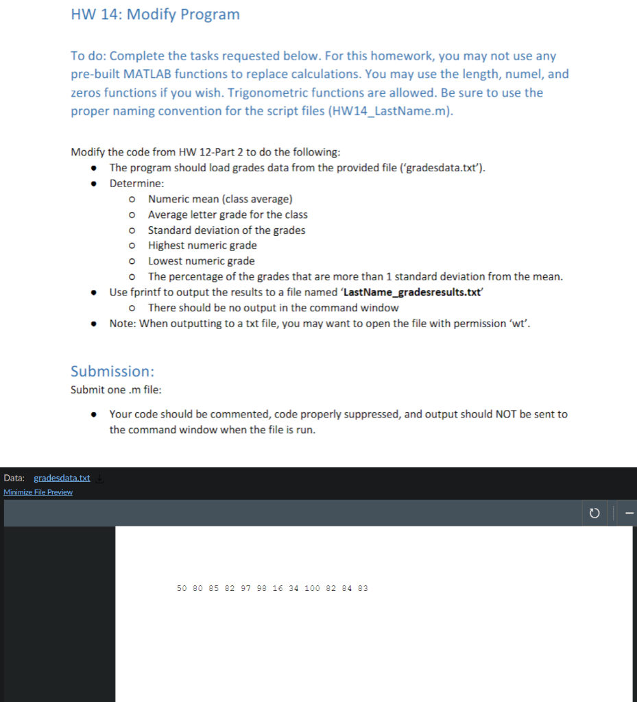 Solved Use HW 12 code and input grade data t as shown in the | Chegg.com