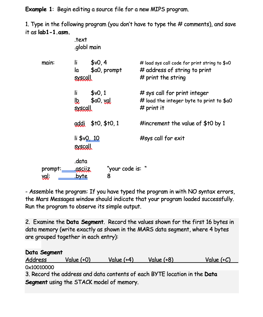 Solved Example 1: Begin editing a source file for a new MIPS | Chegg.com