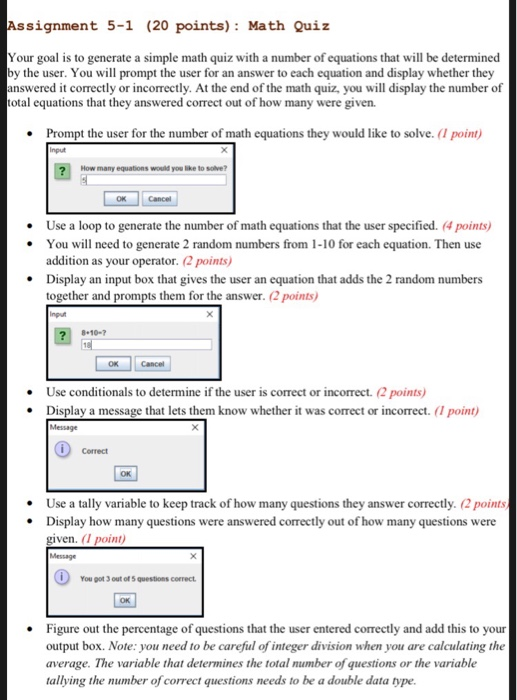 Assignment 5-1 (20 points): Math Quiz Your goal is to | Chegg.com