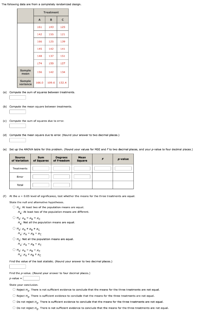 Solved The following data are from a completely randomized | Chegg.com