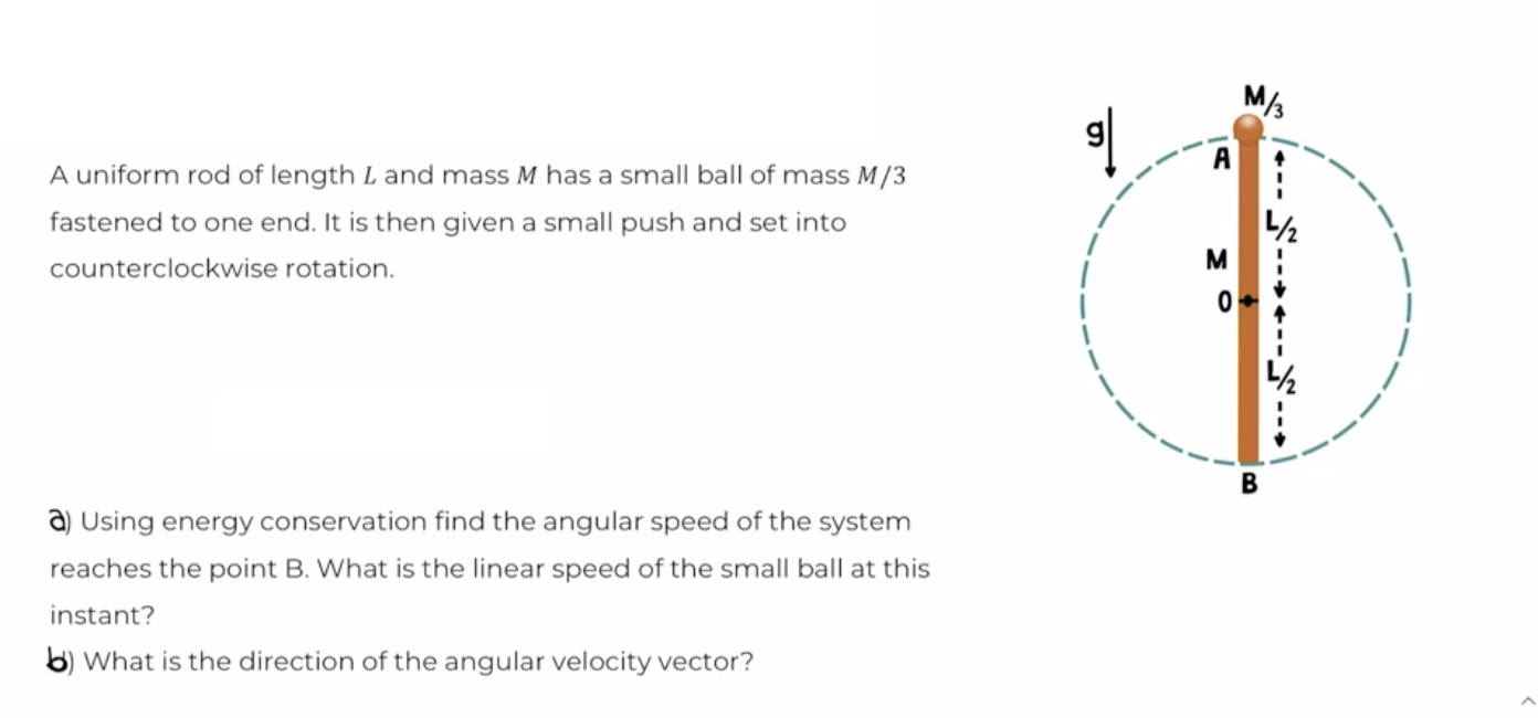 A uniform rod of length \( L \) and mass \( M \) has a small ball of mass \( M / 3 \) fastened to one end. It is then given a