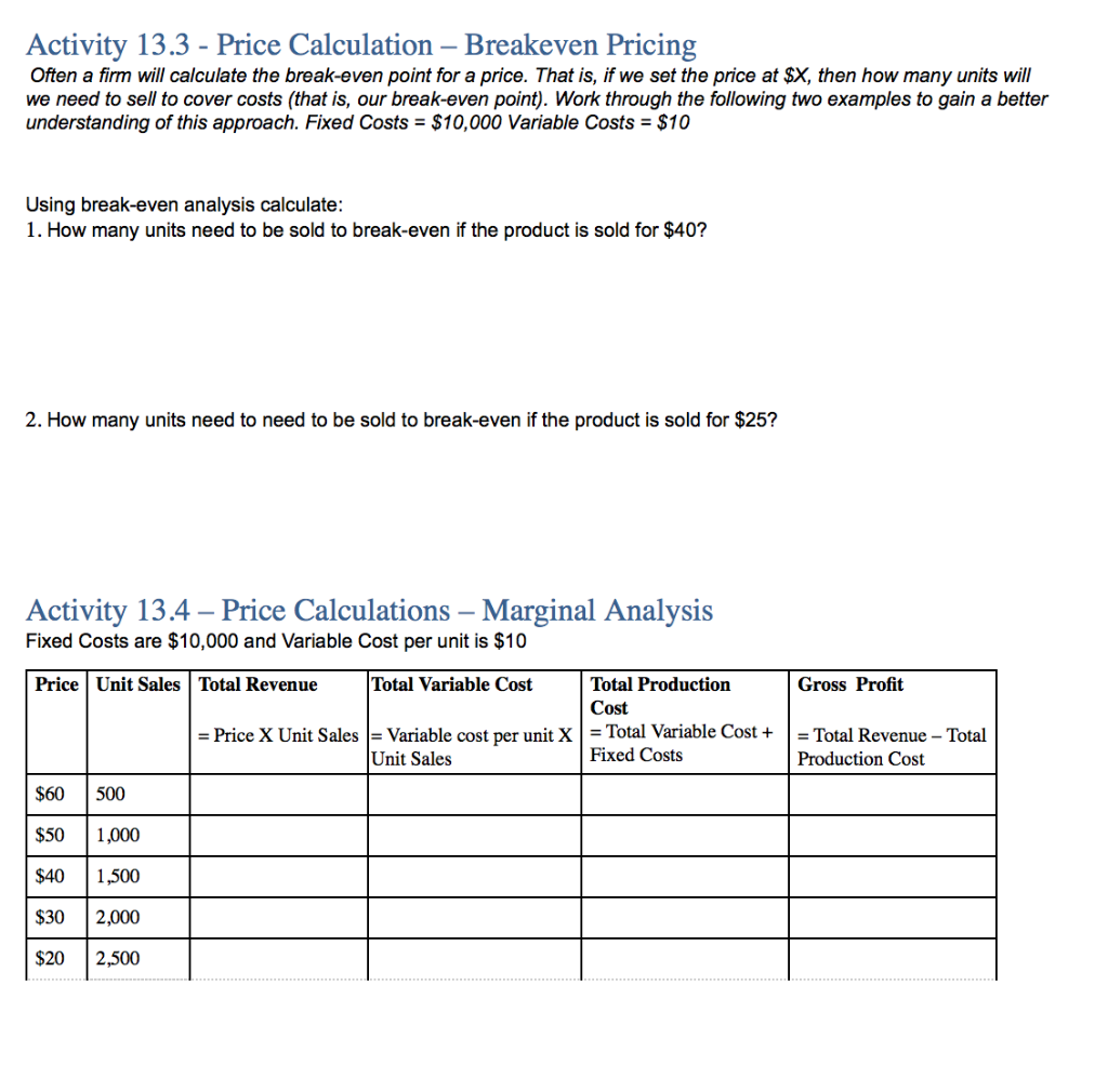 Solved Activity 13.3 Price Calculation Breakeven Pricing