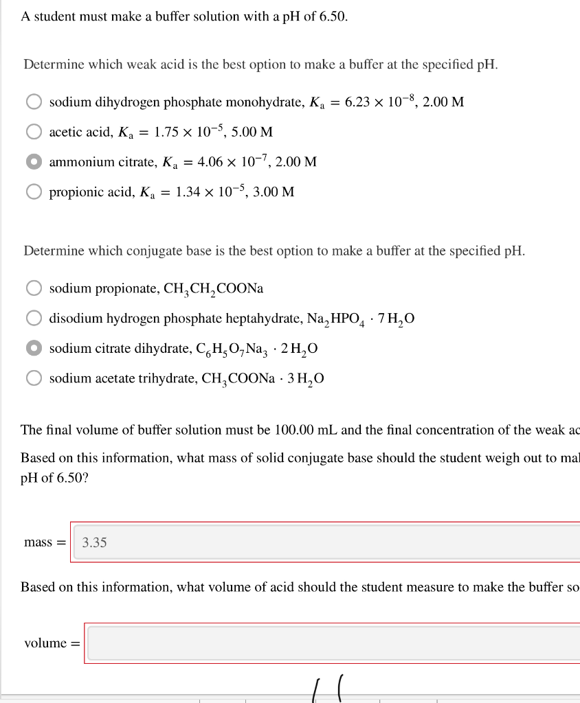 Solved A student must make a buffer solution with a pH of | Chegg.com